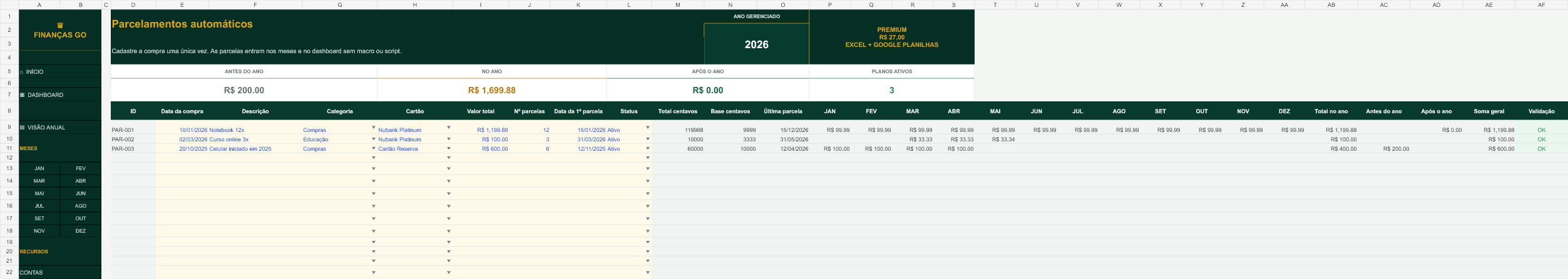 Cadastro real de parcelamentos na versão Premium